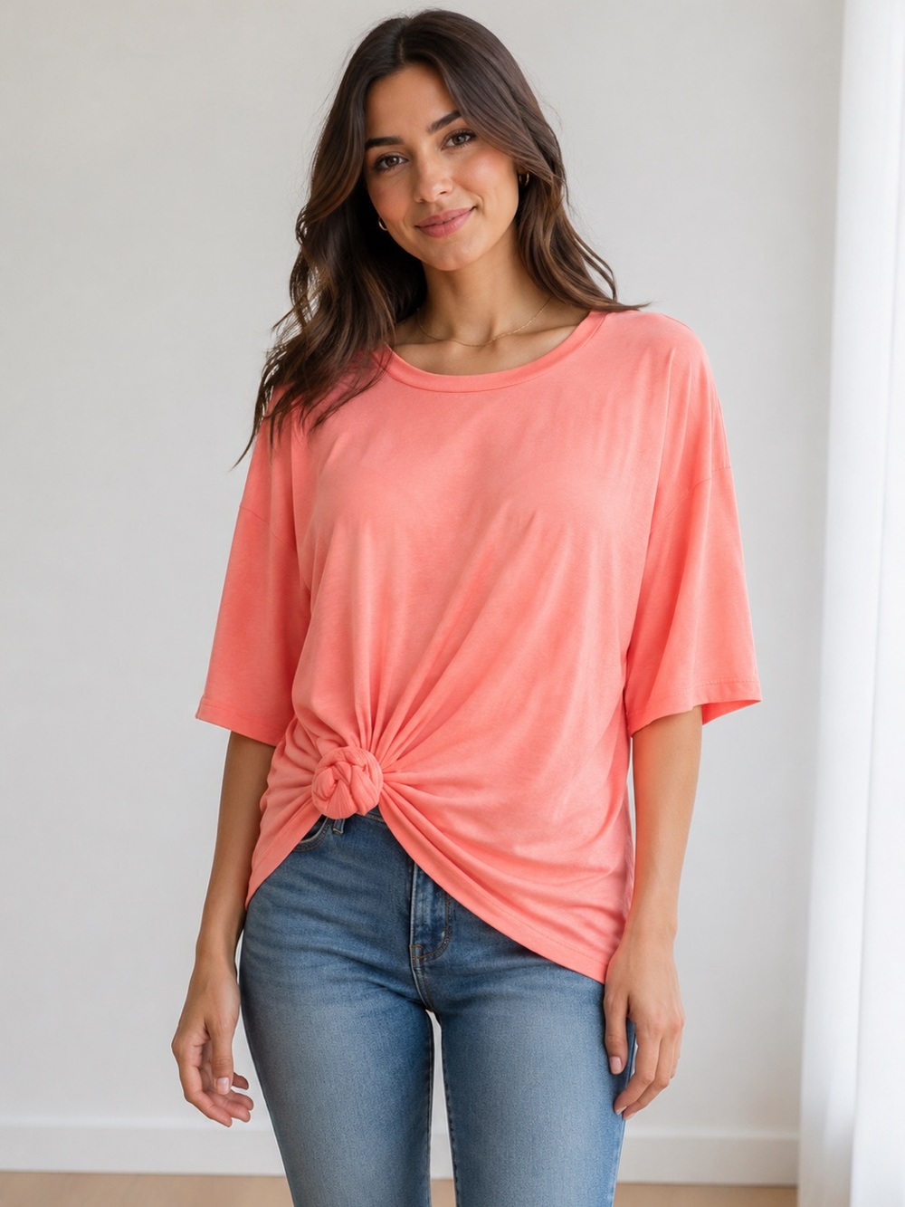 🩷.  387.  Calvin Klein Jeans Coral Front-Knot Relaxed Top